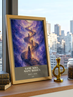 Same Soul, Many Bodies book cover print framed by window – literary home decor