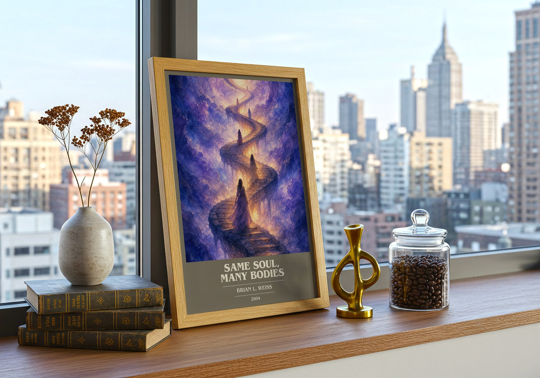 Same Soul, Many Bodies book cover print framed by window – literary home decor