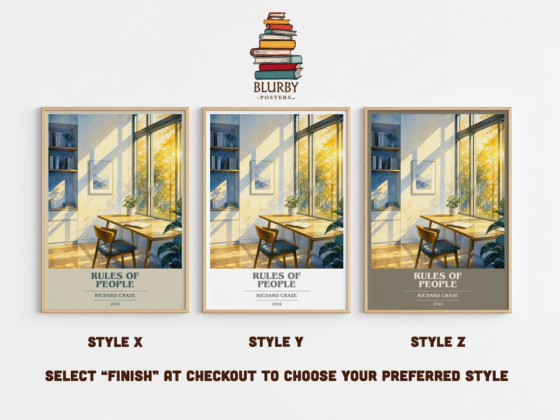 Rules of People book cover print in frame leaning in hallway – non fiction wall art (mockup)