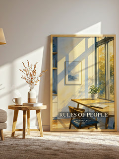 Rules of People watercolour print in frame leaning in hallway – non fiction wall art