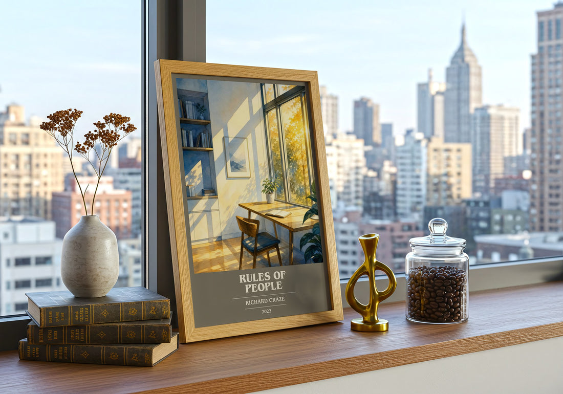 Rules of People book cover print framed by window – literary home decor