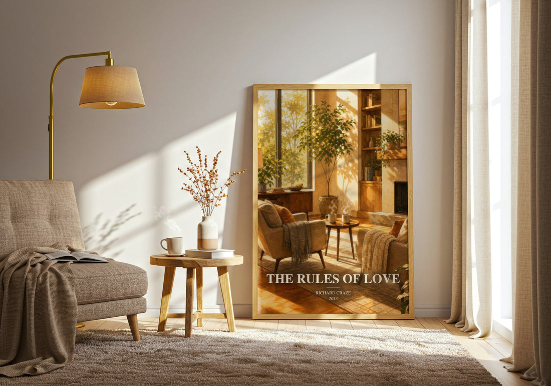 The Rules of Love watercolour print in frame leaning in hallway – non fiction wall art