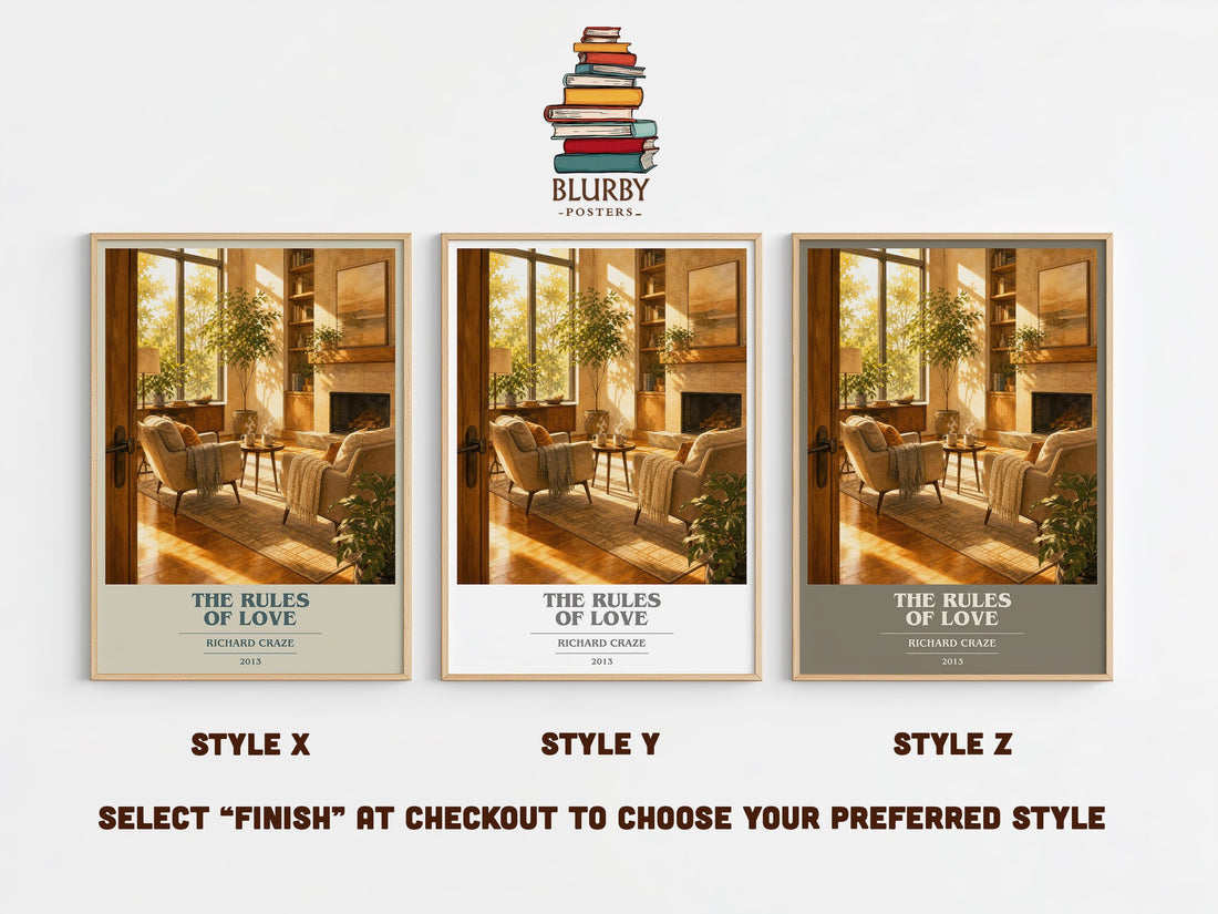 The Rules of Love book cover print in frame leaning in hallway – non fiction wall art (mockup)