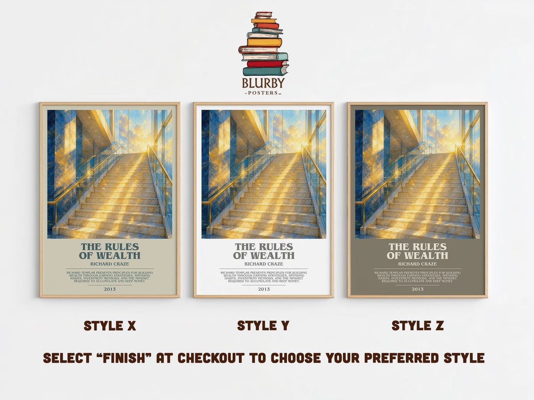 The Rules of Wealth bookish print in frame leaning in hallway – non fiction wall art (mockup)