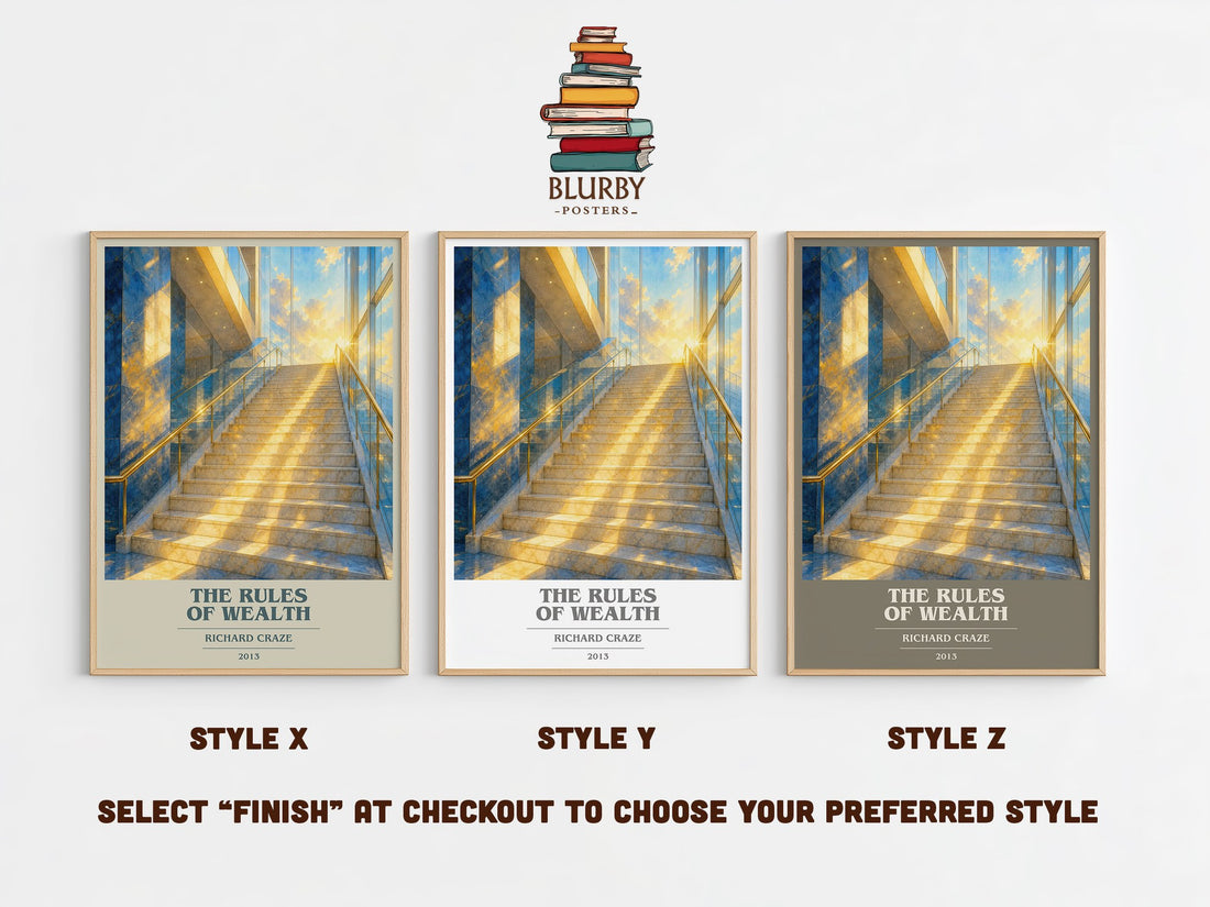 The Rules of Wealth book cover print in frame leaning in hallway – non fiction wall art (mockup)