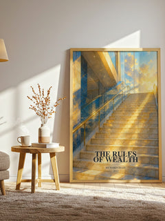 The Rules of Wealth watercolour print in frame leaning in hallway – non fiction wall art