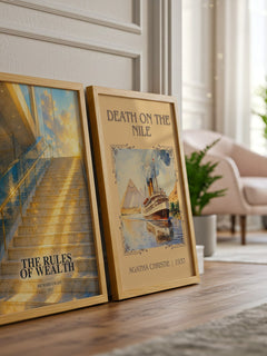 The Rules of Wealth watercolour print framed by window – literary home decor
