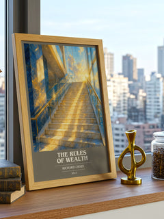 The Rules of Wealth book cover print framed by window – literary home decor