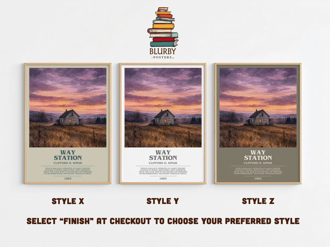 Way station bookish print in frame leaning in hallway – sci fi wall art (mockup)