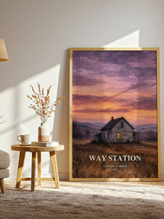 Way station watercolour print in frame leaning in hallway – sci fi wall art
