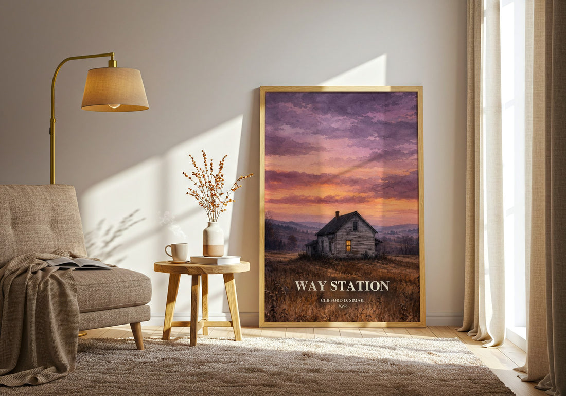 Way station watercolour print in frame leaning in hallway – sci fi wall art