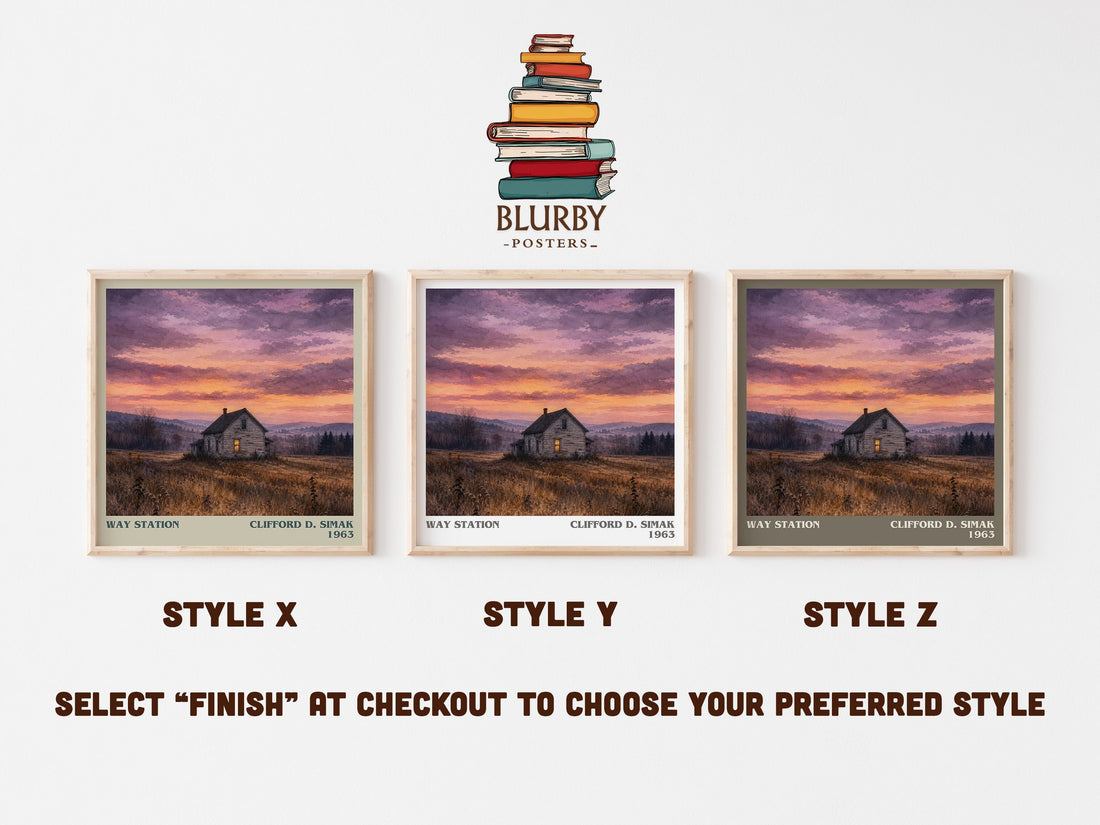 Way station literary print in frame leaning in hallway – sci fi wall art (mockup)