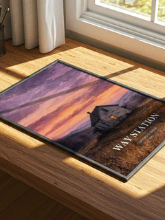 Way station watercolour book poster framed on wall – sci fi wall art