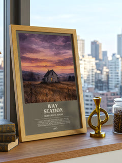 Way station bookish print framed by window – literary home decor