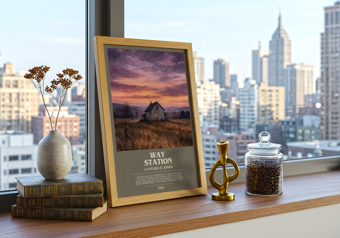 Way station bookish print framed by window – literary home decor