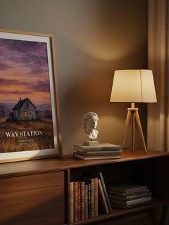 Way station watercolour print on bookshelf – Clifford D. Simak fan gift