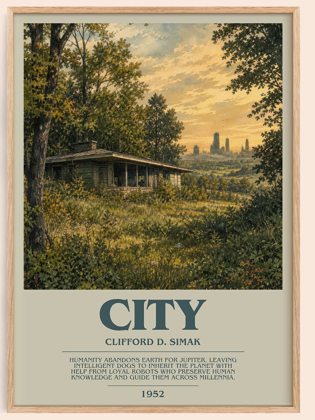 City bookish book poster by Clifford D. Simak – framed literary art print
