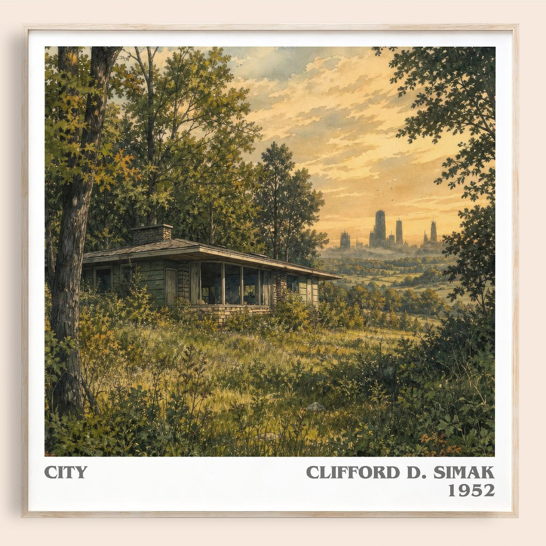 City literary book poster by Clifford D. Simak – framed literary art print