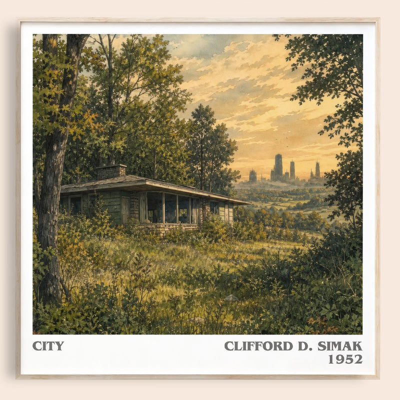 City literary book poster by Clifford D. Simak – framed literary art print