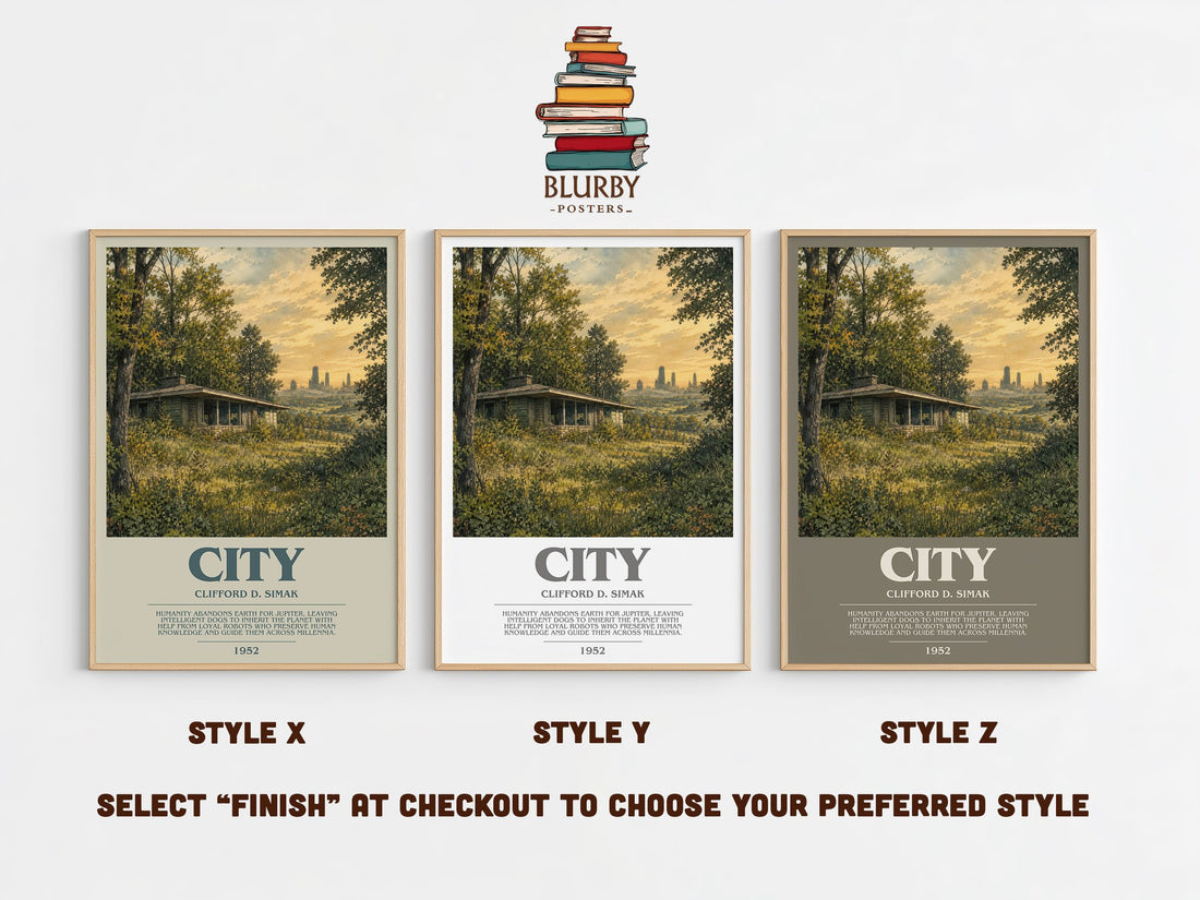 City bookish print in frame leaning in hallway – sci fi wall art (mockup)