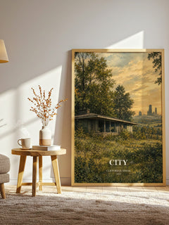 City watercolour print in frame leaning in hallway – sci fi wall art