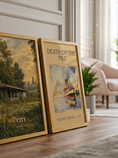 City watercolour print framed by window – literary home decor