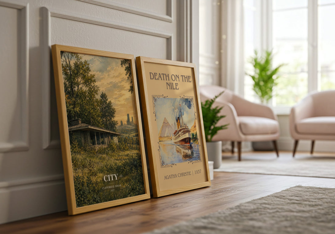 City watercolour print framed by window – literary home decor