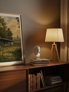 City watercolour print on bookshelf – Clifford D. Simak fan gift