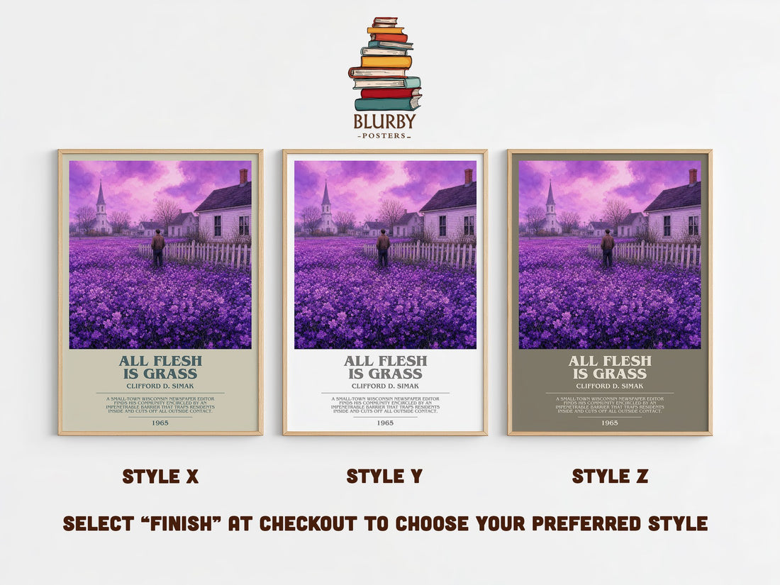All Flesh Is Grass bookish print in frame leaning in hallway – sci fi wall art (mockup)