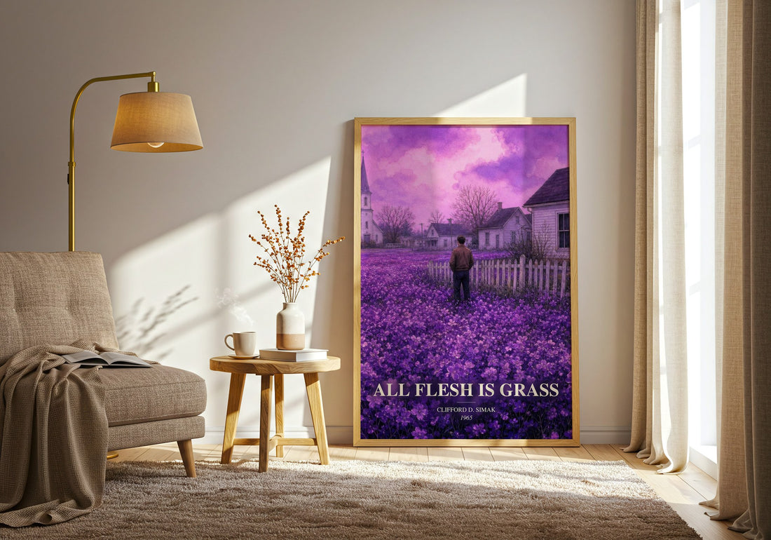 All Flesh Is Grass watercolour print in frame leaning in hallway – sci fi wall art