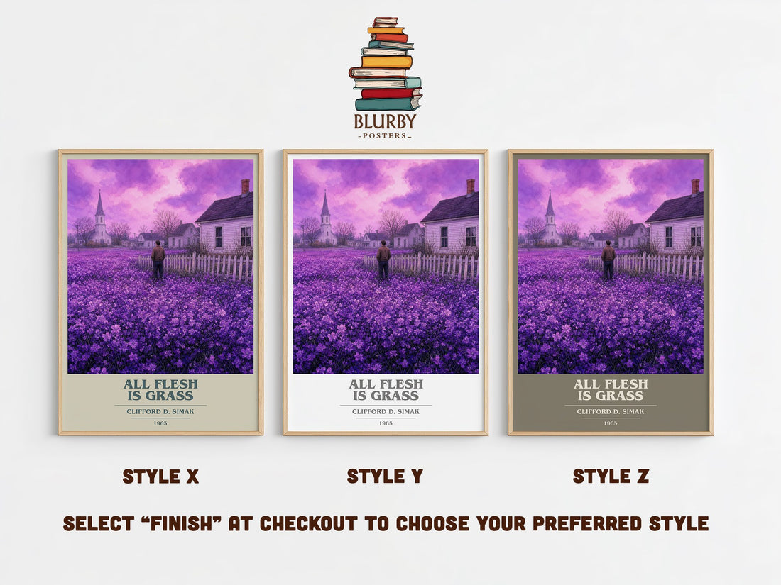 All Flesh Is Grass book cover print in frame leaning in hallway – sci fi wall art (mockup)