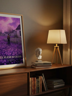 All Flesh Is Grass watercolour print on bookshelf – Clifford D. Simak fan gift