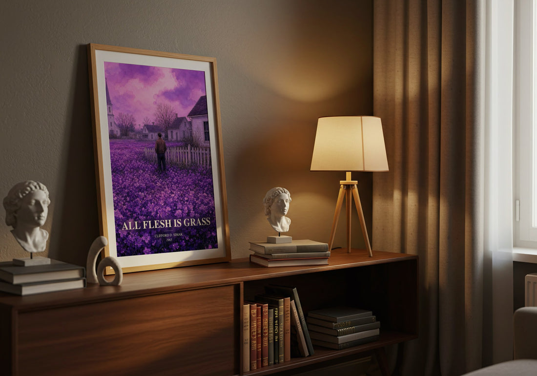 All Flesh Is Grass watercolour print on bookshelf – Clifford D. Simak fan gift