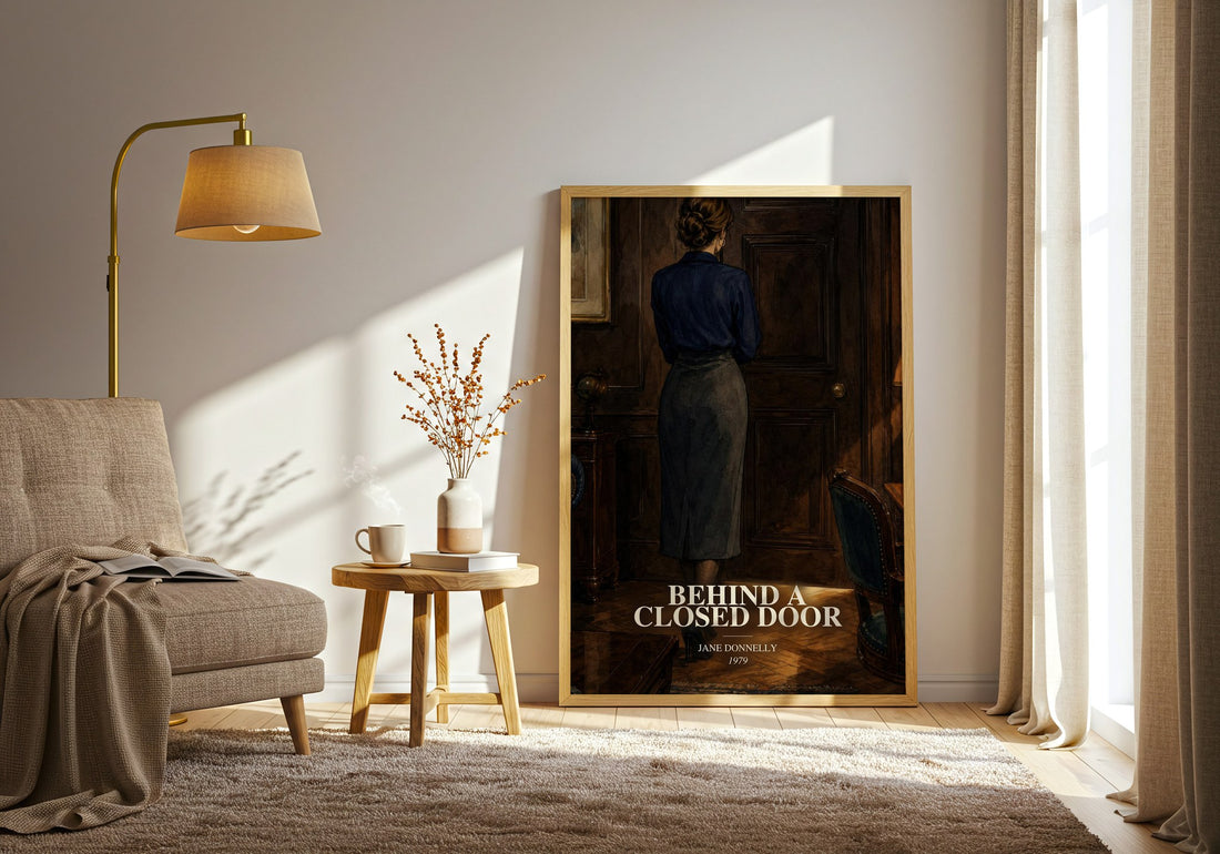 Behind A Closed Door watercolour print in frame leaning in hallway – romance wall art