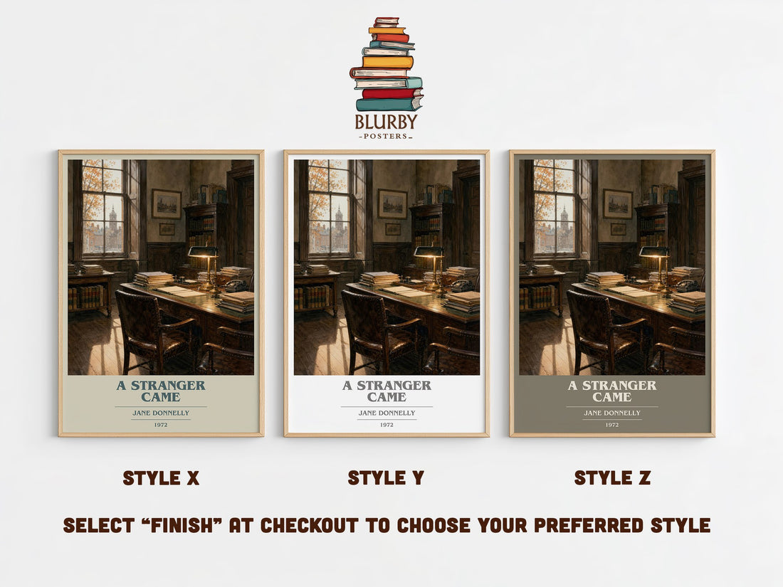 A Stranger Came book cover print in frame leaning in hallway – romance wall art (mockup)