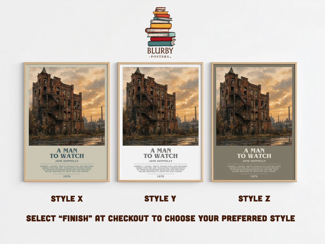 A Man to Watch bookish print in frame leaning in hallway – romance wall art (mockup)