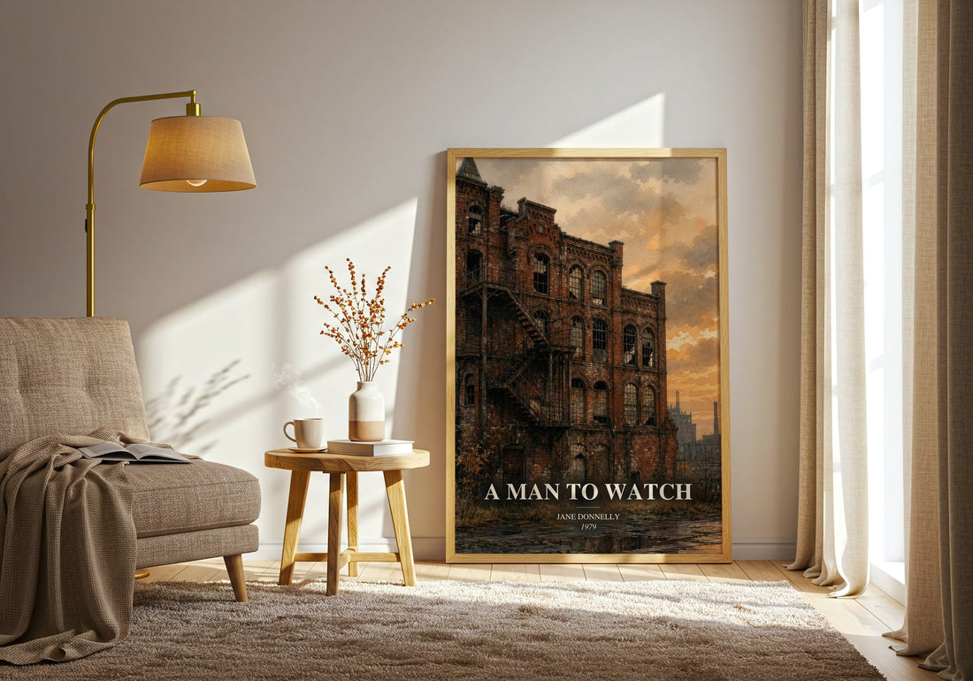 A Man to Watch watercolour print in frame leaning in hallway – romance wall art