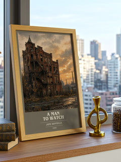 A Man to Watch book cover print framed by window – literary home decor