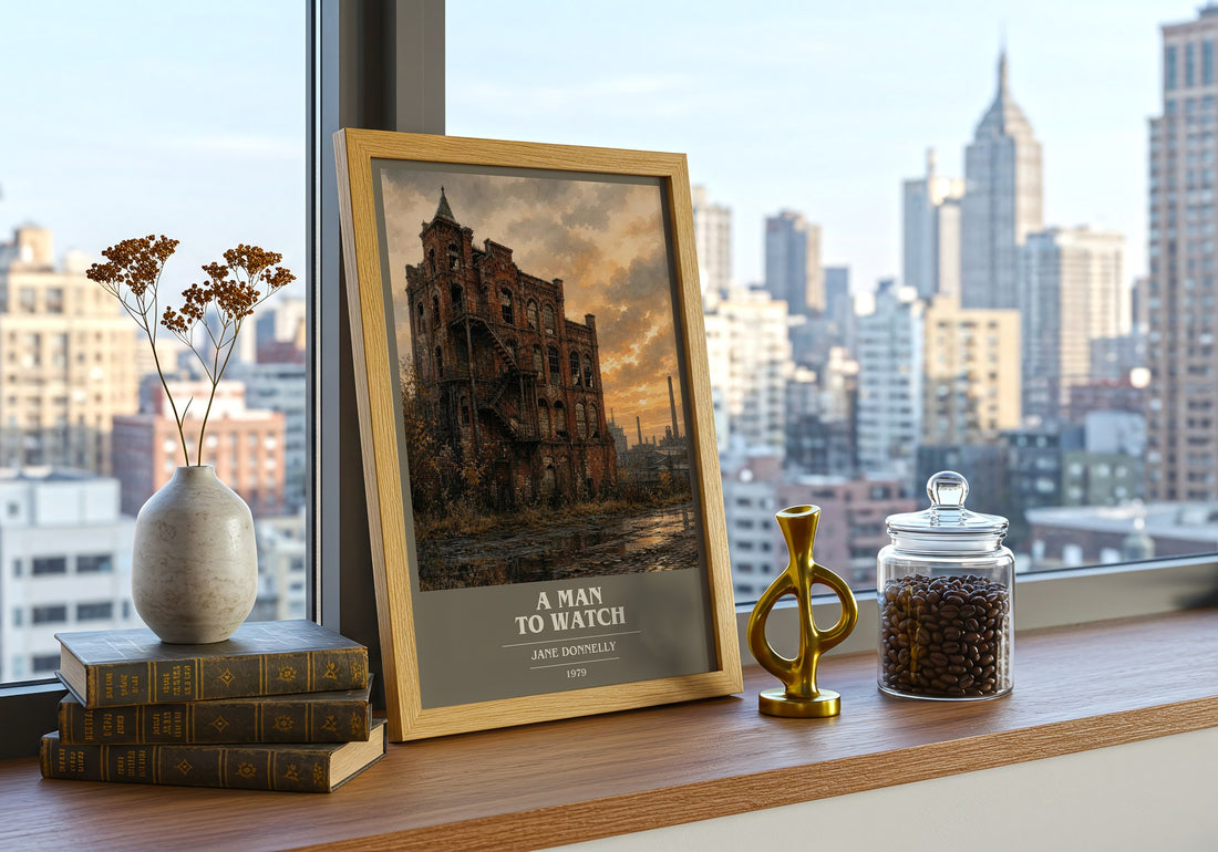 A Man to Watch book cover print framed by window – literary home decor