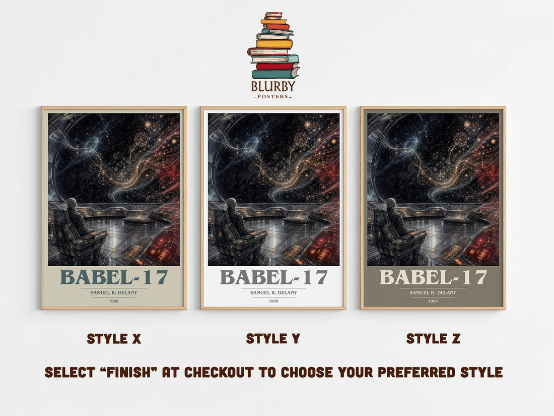 Babel-17 book cover print in frame leaning in hallway – sci fi wall art (mockup)