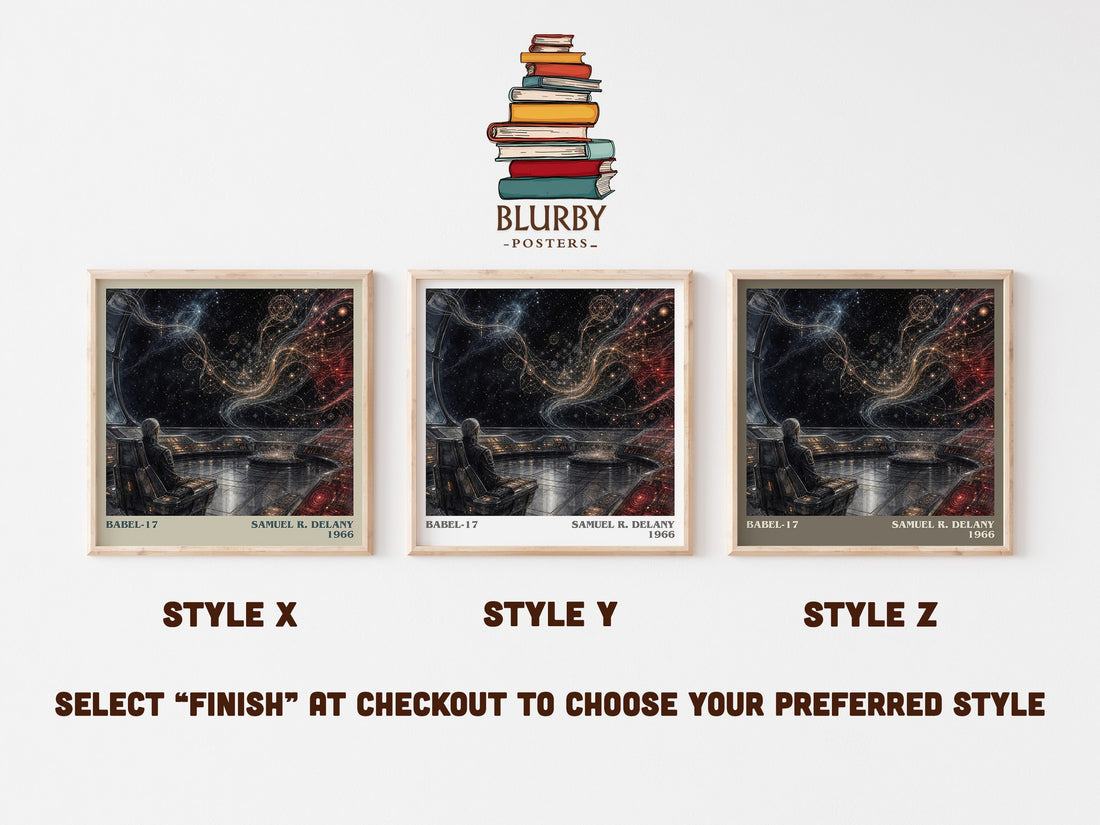 Babel-17 literary print in frame leaning in hallway – sci fi wall art (mockup)