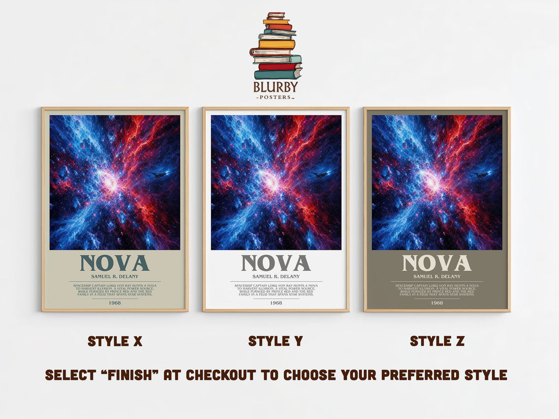 Nova bookish print in frame leaning in hallway – sci fi wall art (mockup)