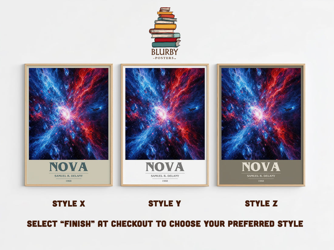 Nova book cover print in frame leaning in hallway – sci fi wall art (mockup)