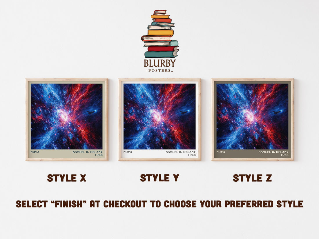 Nova literary print in frame leaning in hallway – sci fi wall art (mockup)