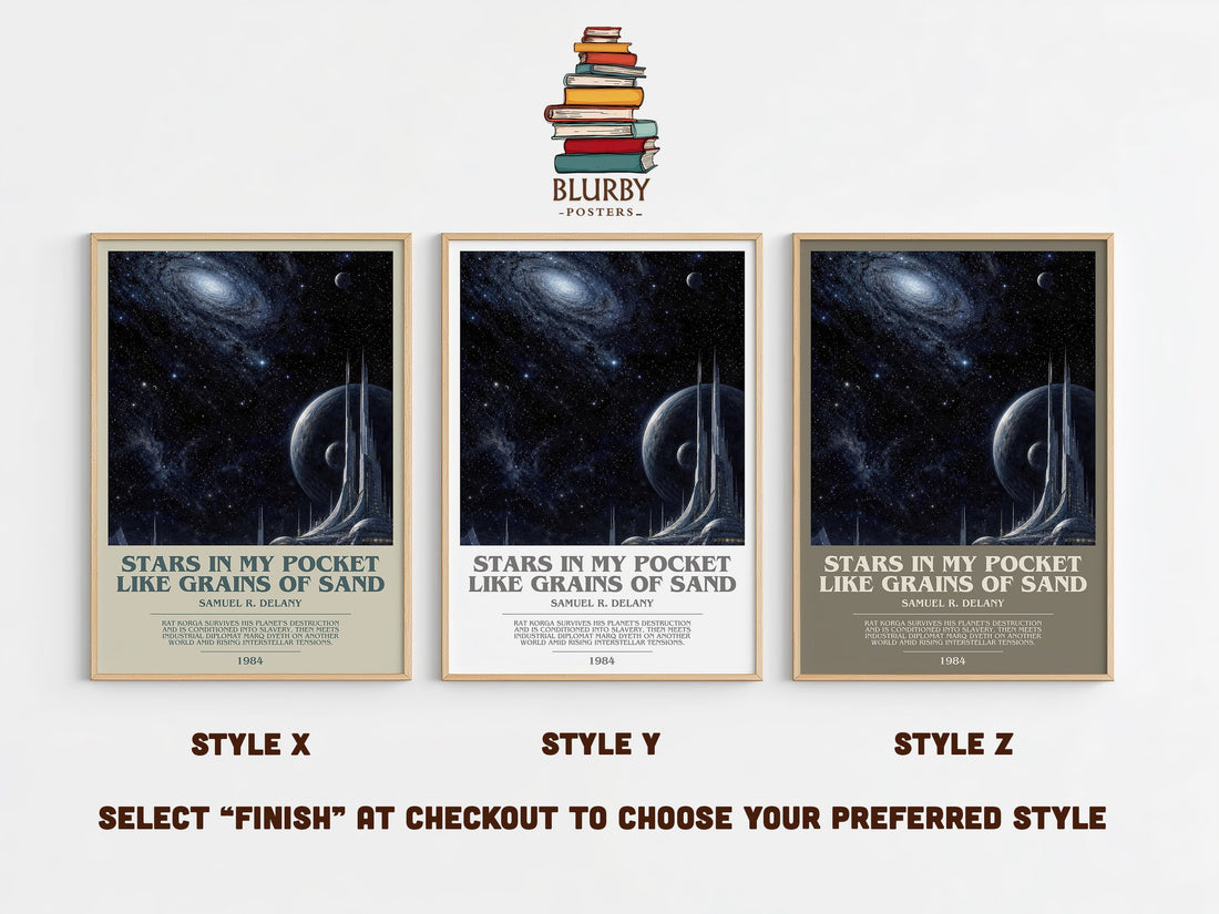 Stars in my pocket like grains of sand bookish print in frame leaning in hallway – sci fi wall art (mockup)