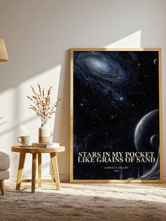 Stars in my pocket like grains of sand watercolour print in frame leaning in hallway – sci fi wall art