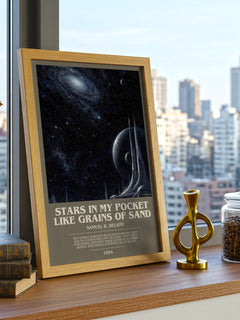 Stars in my pocket like grains of sand bookish print framed by window – literary home decor