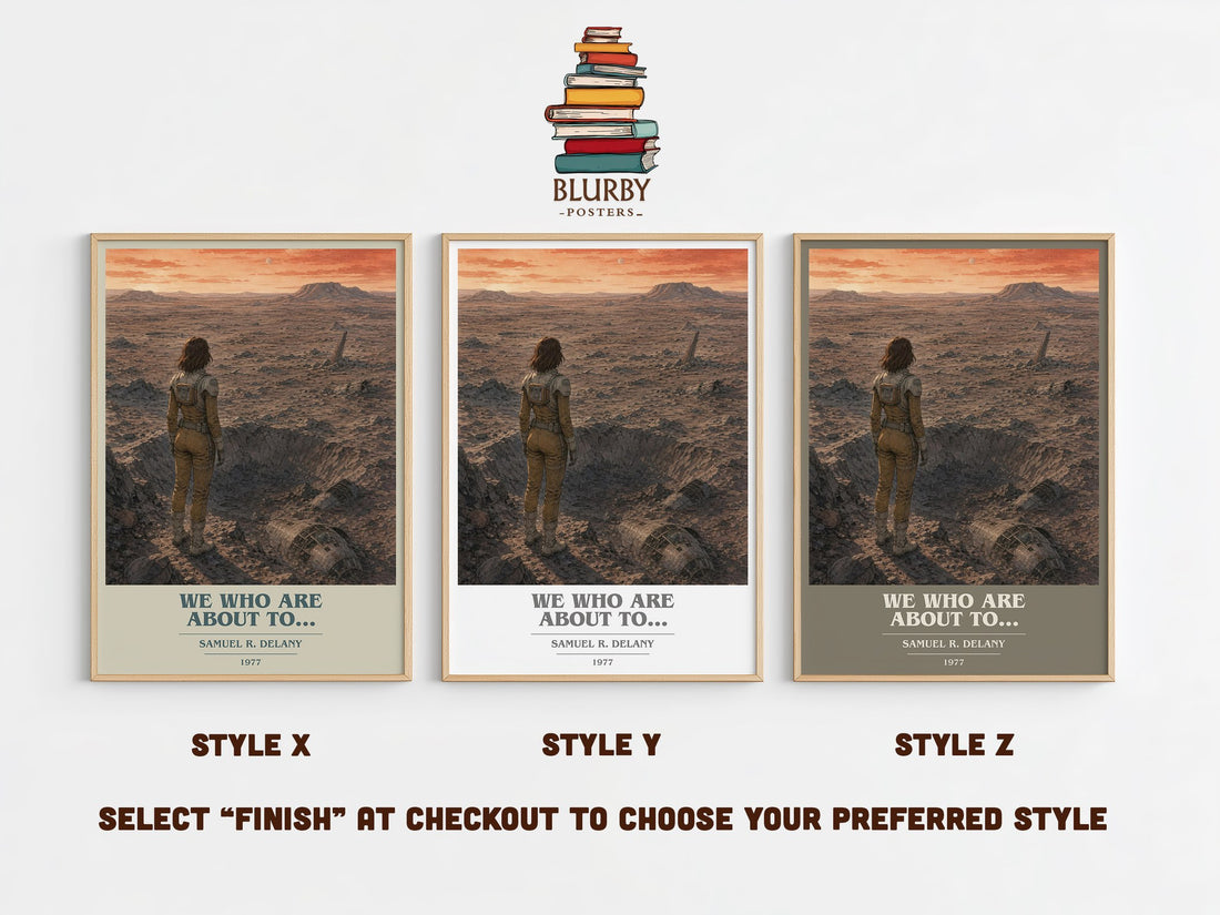 We Who Are About To... book cover print in frame leaning in hallway – sci fi wall art (mockup)