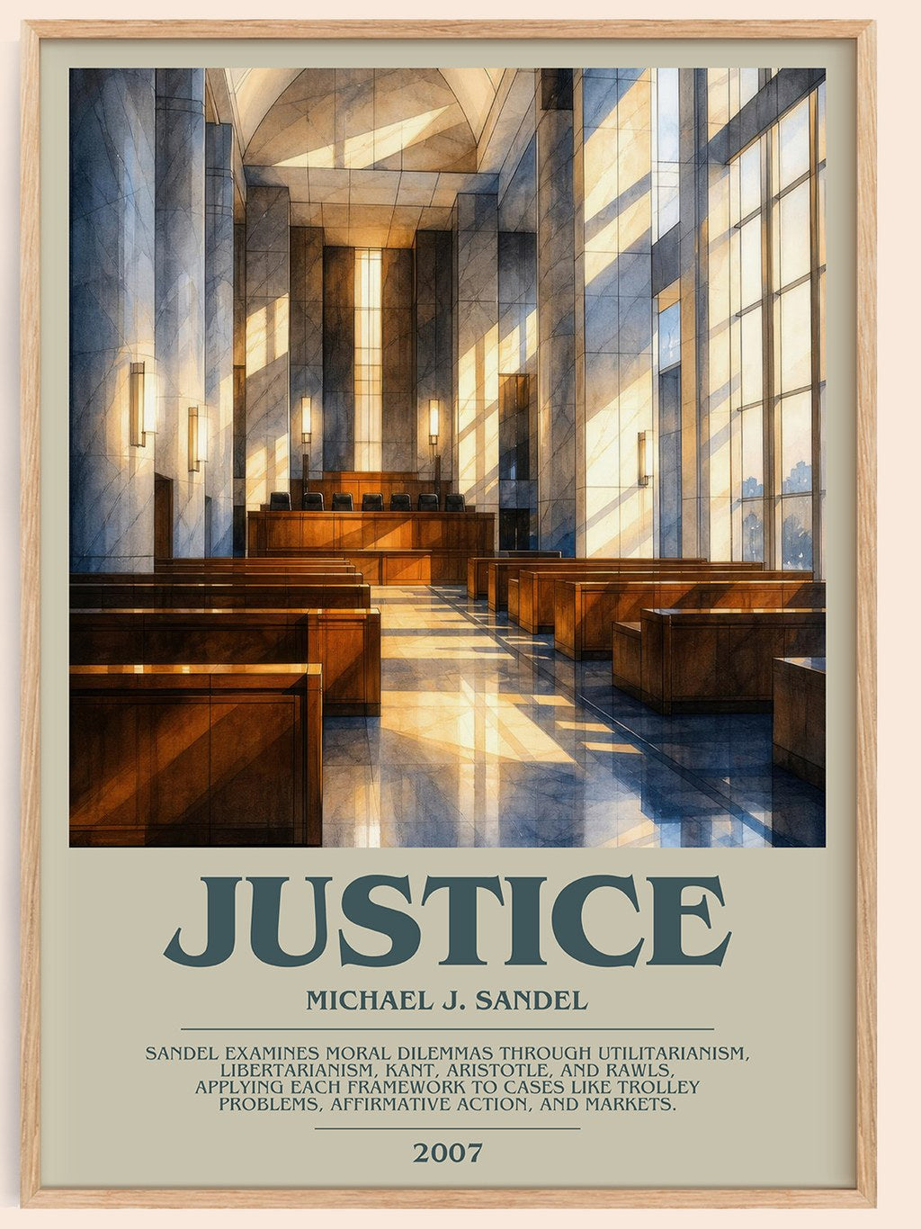 Justice bookish book poster by Michael J. Sandel – framed literary art print