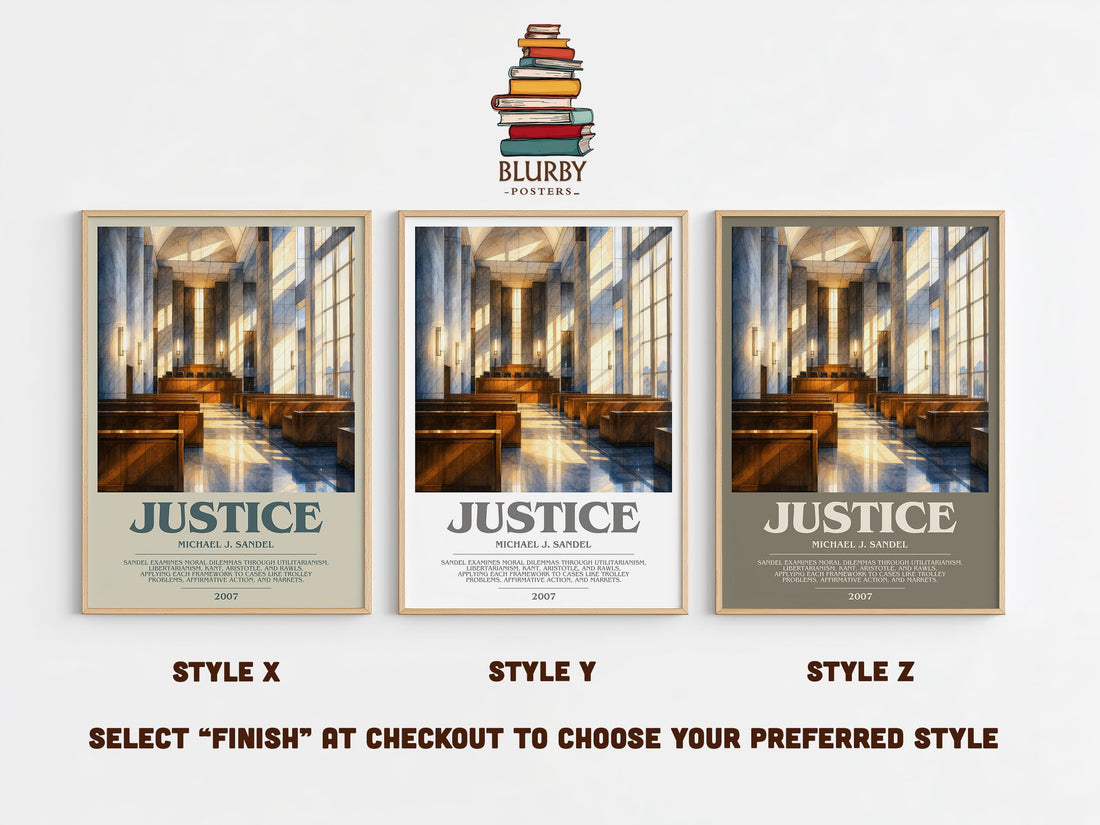 Justice bookish print in frame leaning in hallway – philosophy wall art (mockup)